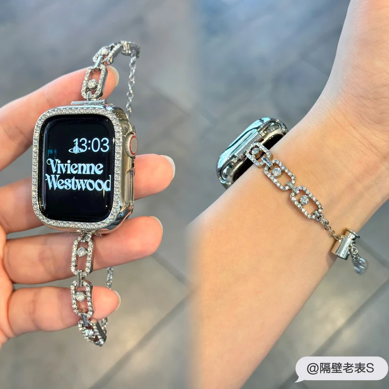 新款金属镶钻手镯闪iWatchS10表带适用于苹果手表Apple Watch透气