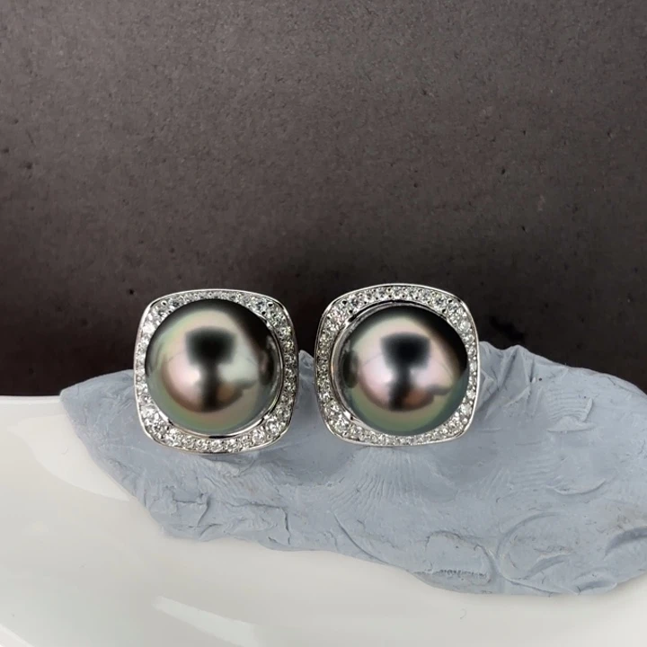 定制海水珍珠银S925镶嵌耳饰11.3-11.5mm大溪地孔雀绿耳饰一对