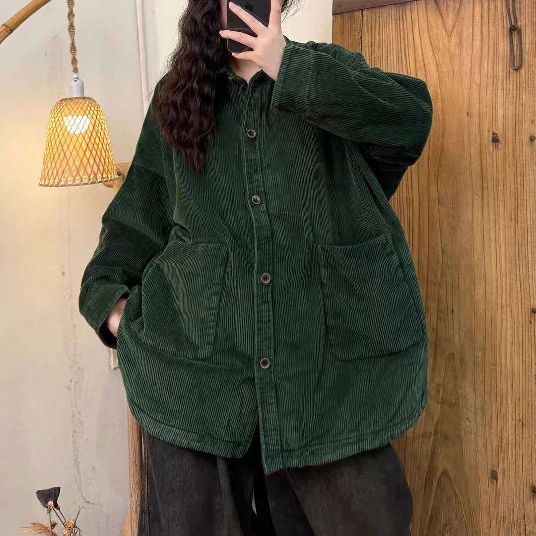 冬季新款炒色做旧文艺灯芯绒棉服 衣长76 胸围146