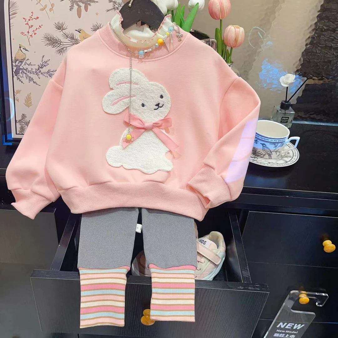 【刺绣兔子】童装女童卫衣2025春新款儿童套头长袖休闲打底裤子