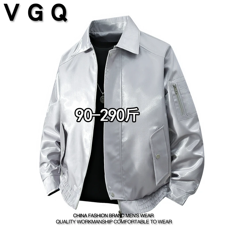 VGQ男士亮面翻领夹克2025秋季新款加大码美式休闲宽松百搭上衣服