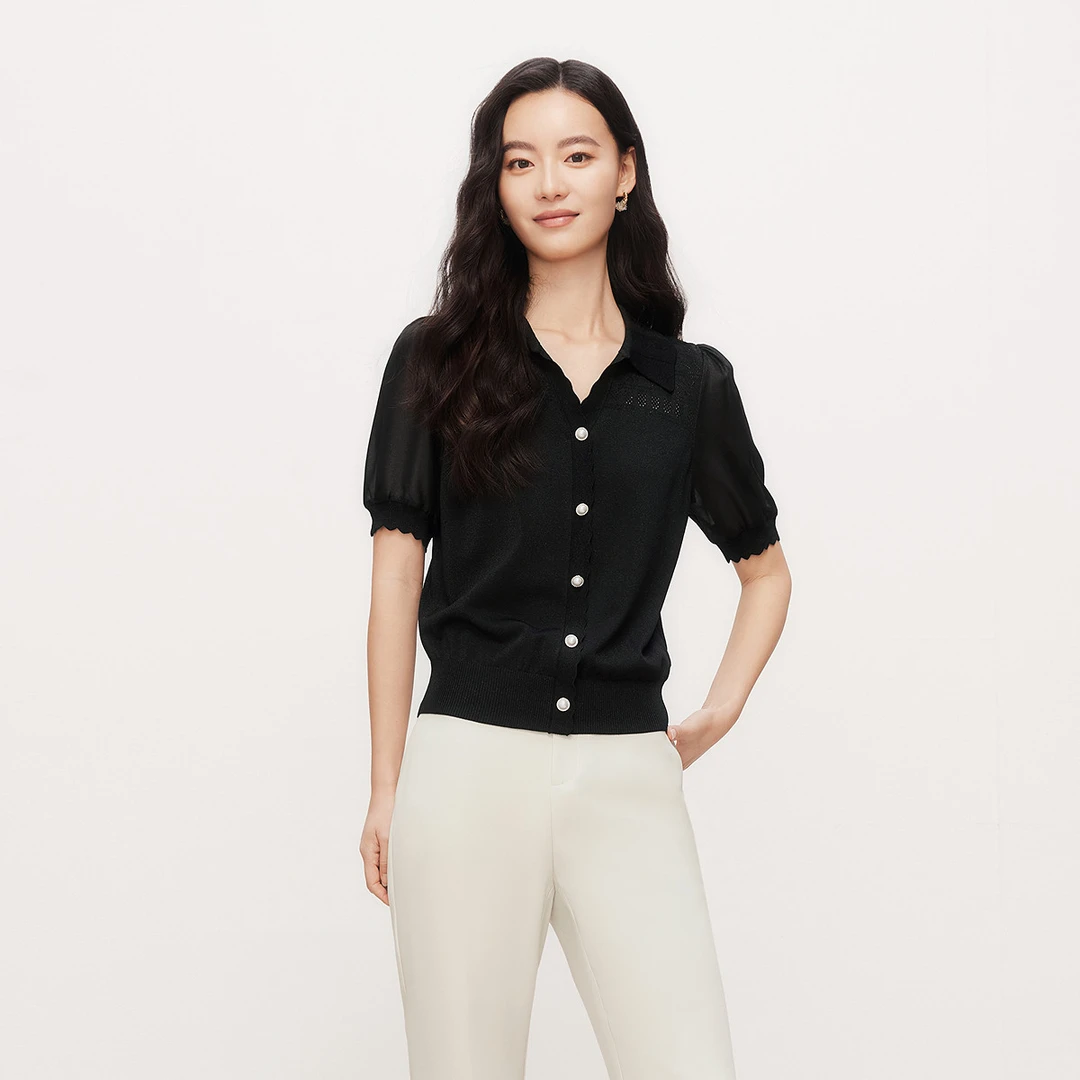 【羊羊专属】珂莱蒂尔2025夏新款简约黑色短袖针织衫拼接通勤上衣