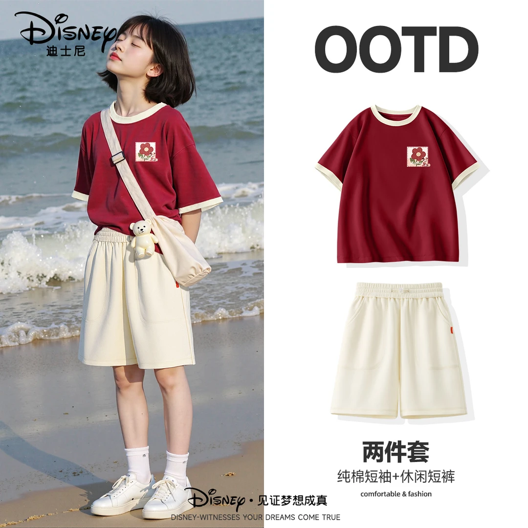 迪士尼儿童套装夏季新款时尚可爱炸街女孩短袖上衣重磅短裤1705