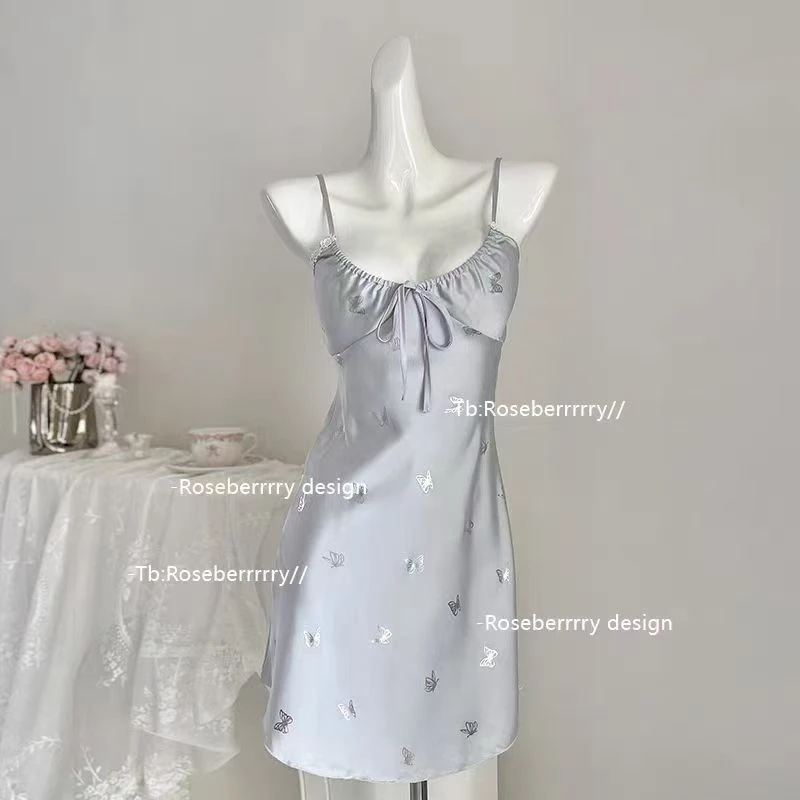 【纯不拿捏】纯欲风吊带睡裙带胸垫法式性感蝴蝶睡衣外袍家居服套装