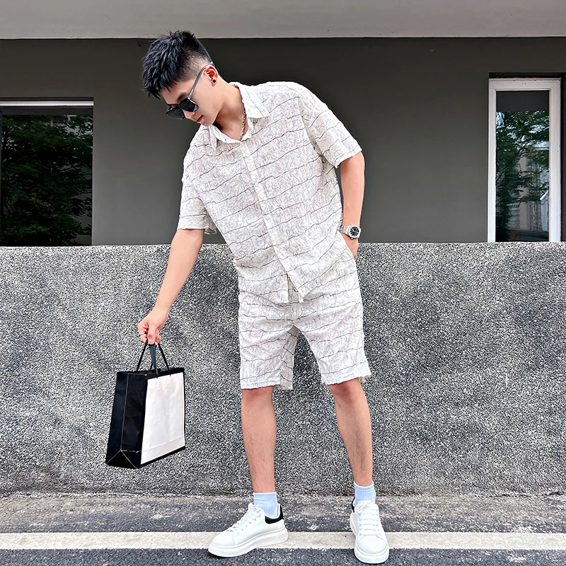 夏季薄款冰丝衬衫套装男款夏装短裤一整套轻薄透气两件套时尚男装