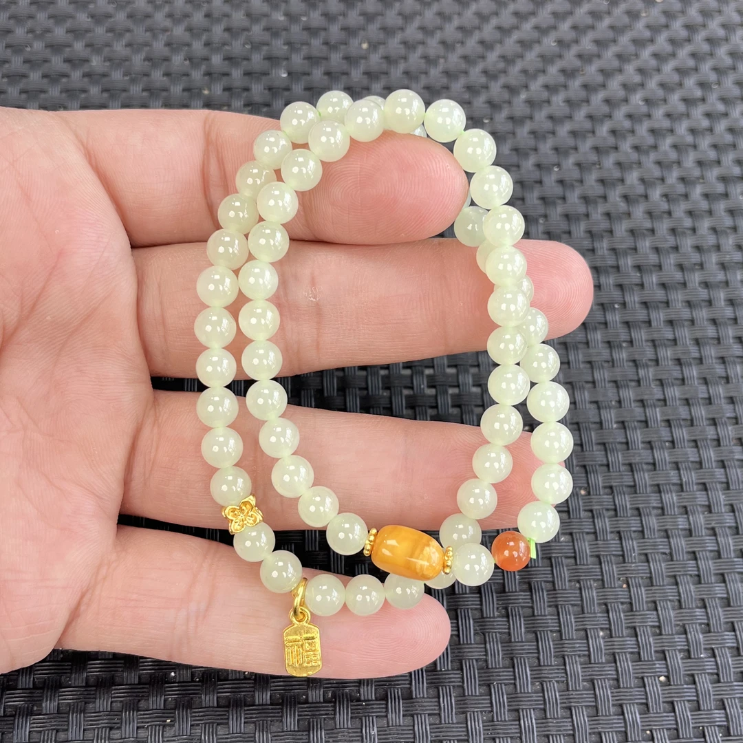 【源石珠宝】青海料和田玉晴水约6mm双圈设计款手串