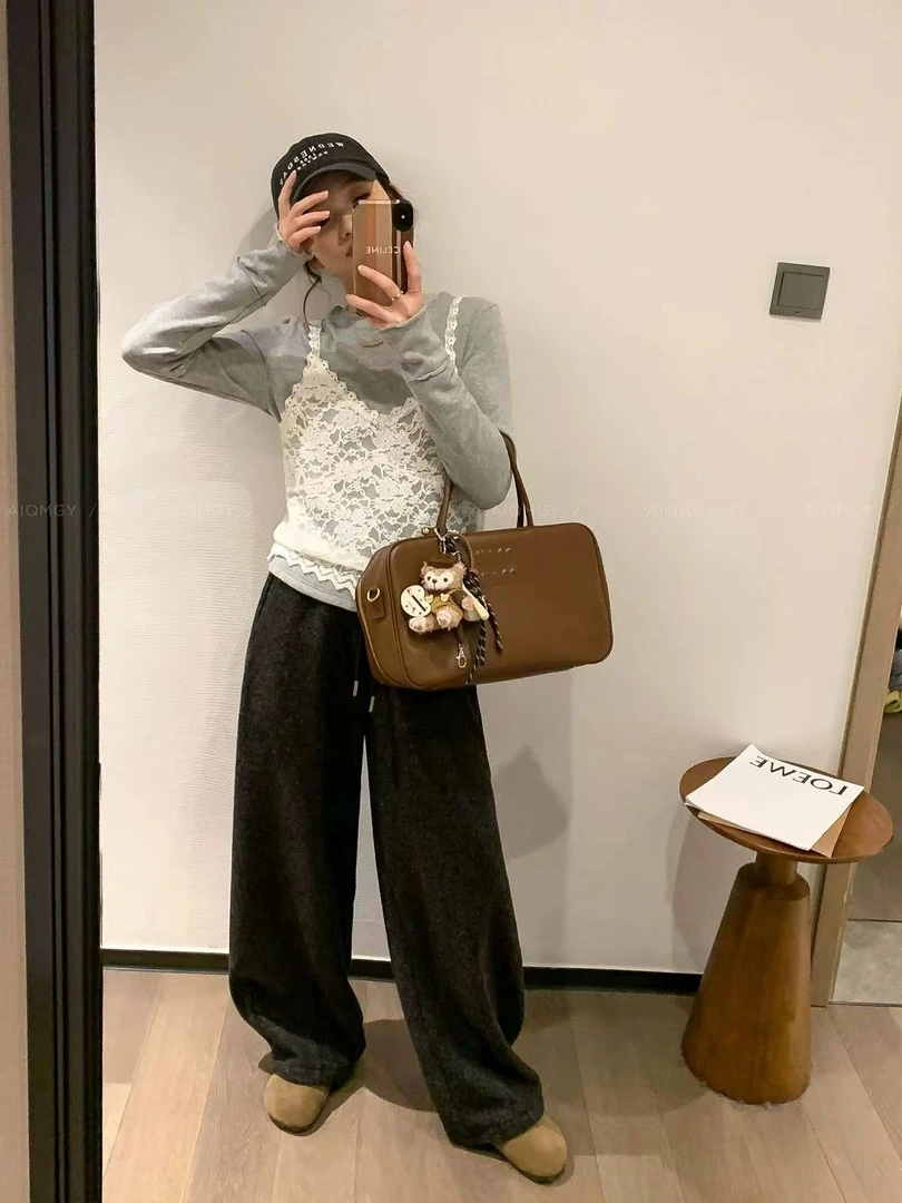 （v+1）韩版设计感德绒加厚百搭弹力T恤+蕾丝吊带背心两件套C292