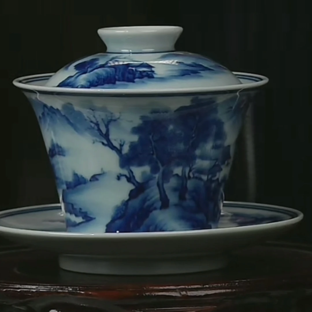 Y青花山水通景纹三才盖碗