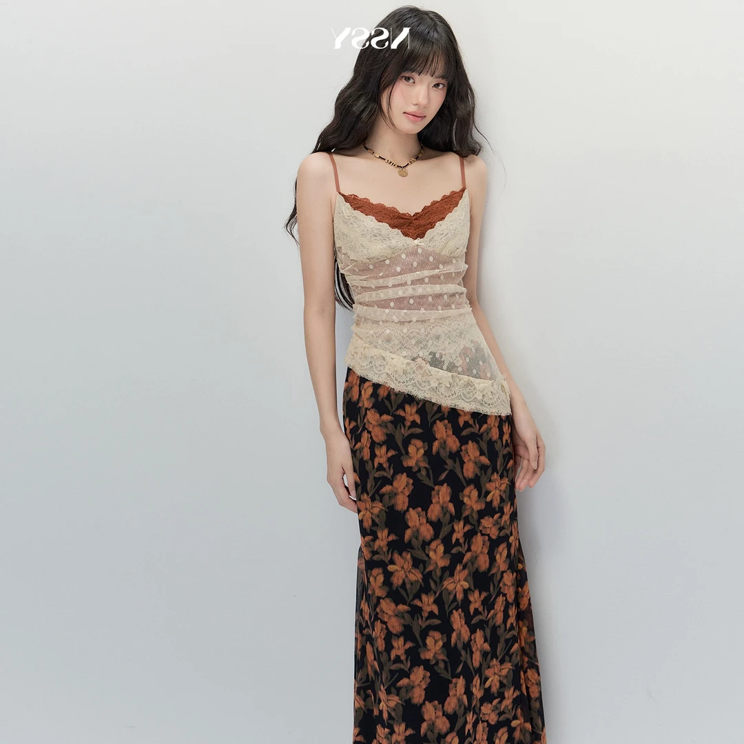 渡假雪纺红棕连衣裙女夏七夕约会穿搭掐腰包臀长裙