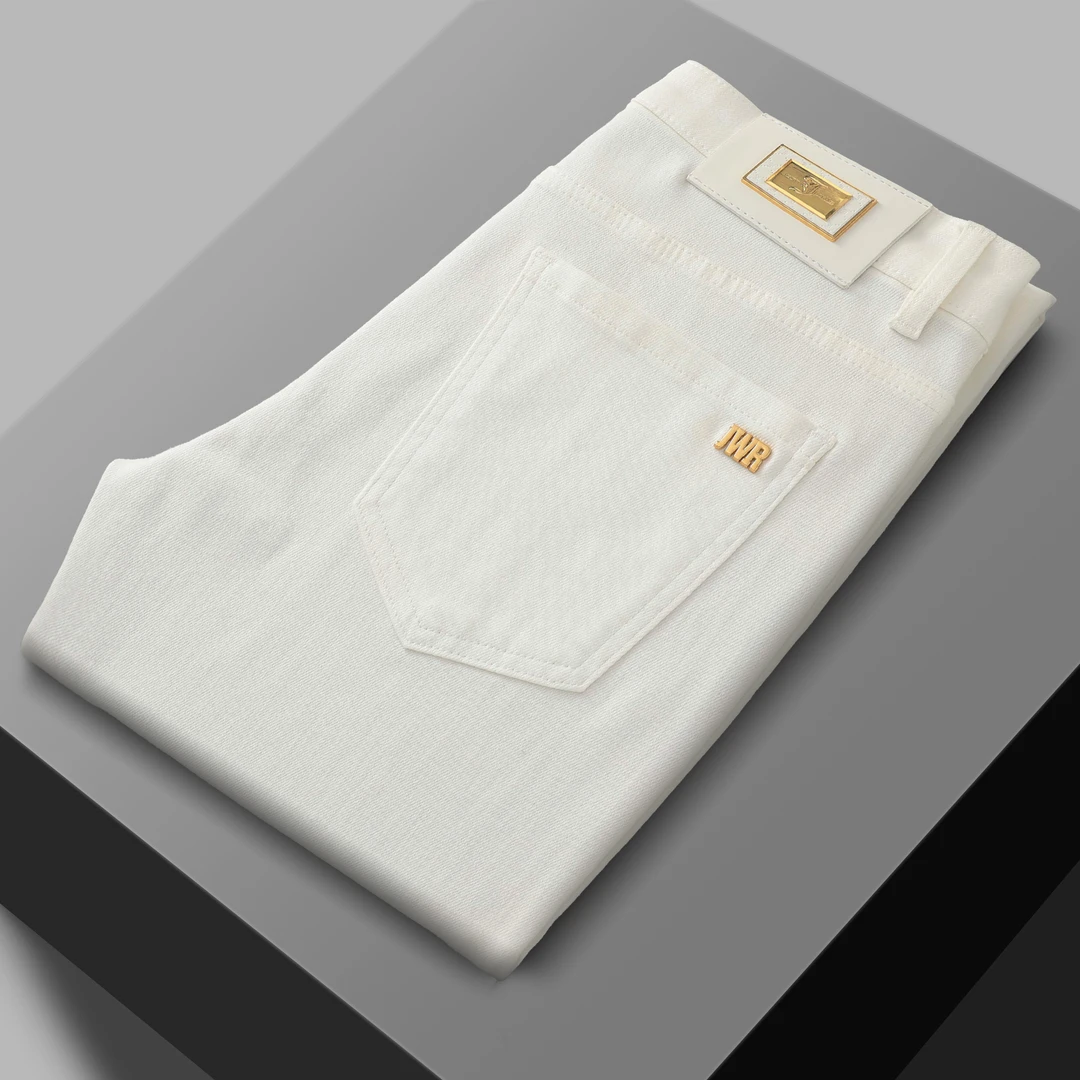 【5时尚轻奢】高端三防修身弹力潮流男士百搭白色牛仔裤九分/长裤