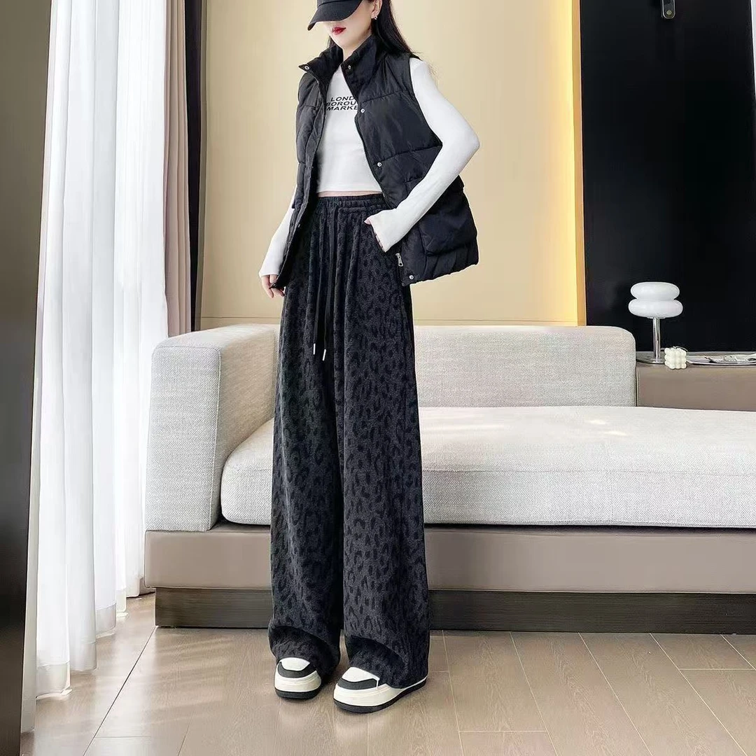 设计感小众豹纹高腰休闲裤宽松时髦弯刀裤女加绒冬季新款洋气长裤