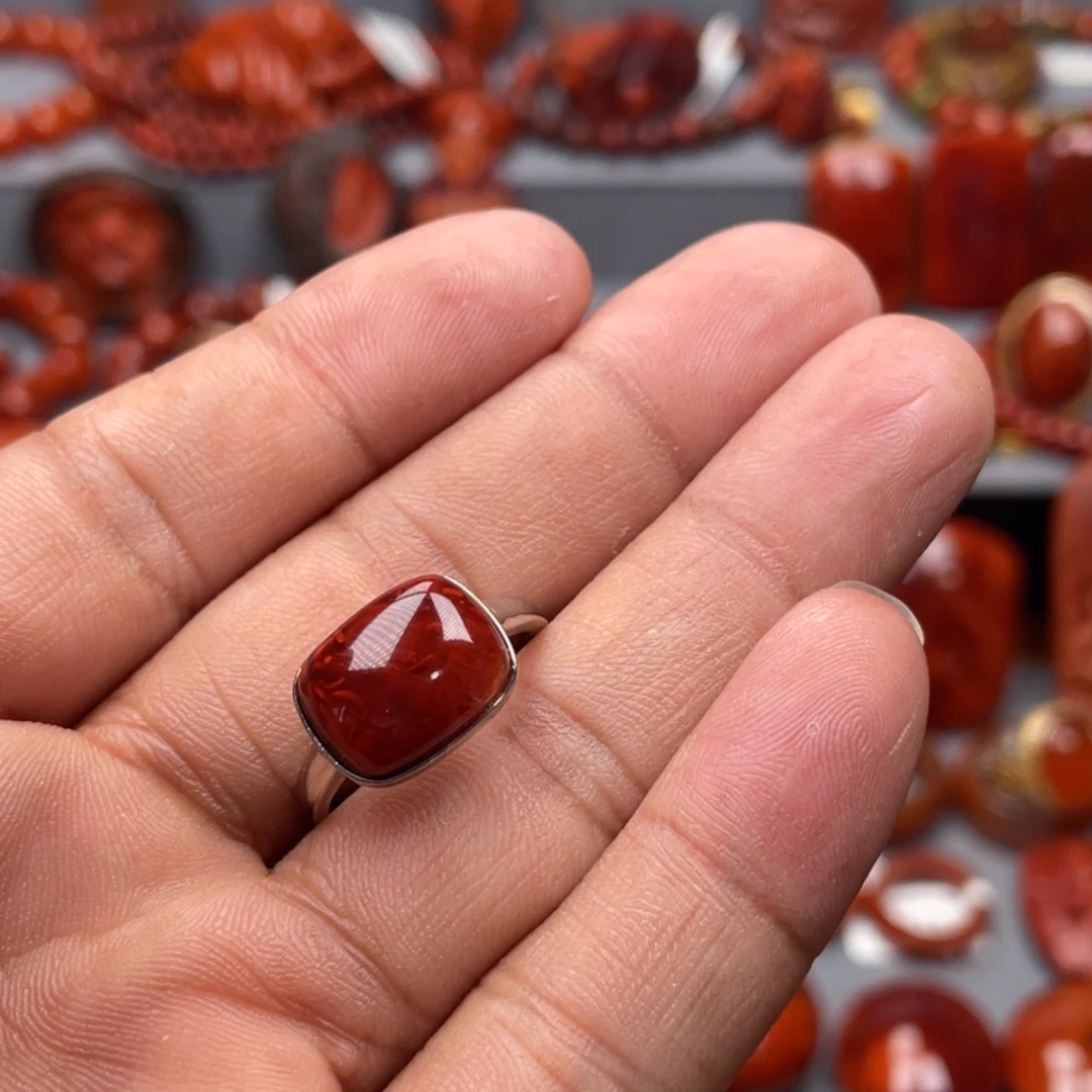 南红玛瑙银S925镶嵌珠宝奇石戒指