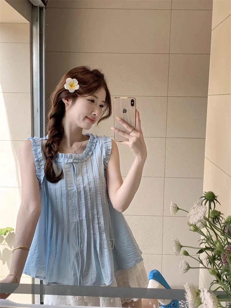 韩系甜美减龄娃娃衫木耳边无袖衬衫女夏新款宽松显瘦百搭衬衣背心