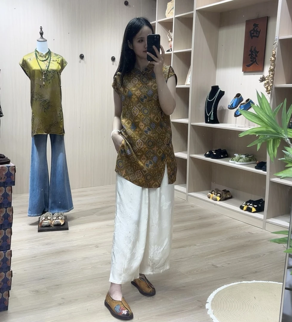 直播间同款阔腿裤冠乐缎桑蚕丝2025夏女新款休闲国风提花灯笼裤