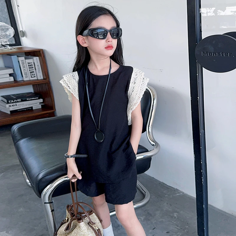 女童夏季小众时尚套装2025新款儿童韩版洋气蕾丝拼接背心短裤两件