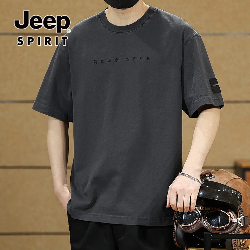 JEEPSPIRIT美式重磅短袖T恤男潮牌大码刺绣T恤男士纯棉圆领体恤男