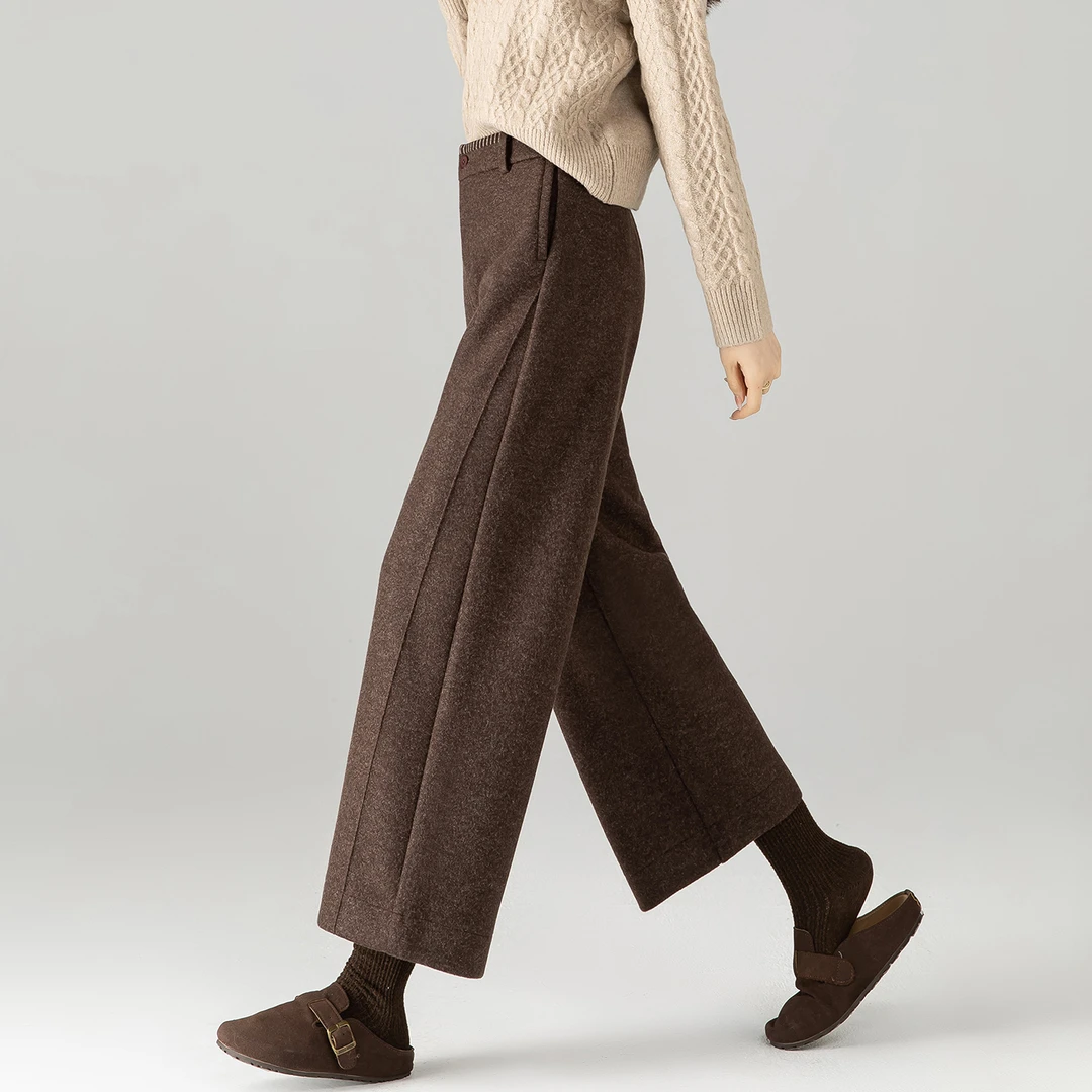 毛呢阔腿裤女冬九分高腰女裤新款2025爆款时尚气质深焙棕直筒裤子