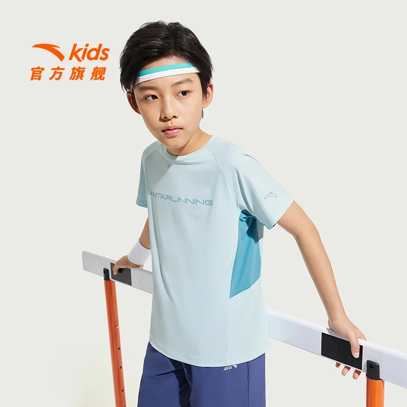 安踏儿童针织短袖衫2025夏新款透气运动速干T恤男童-352525117