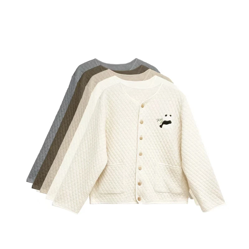 【橙庐】502600原创熊猫刺绣菱形格空气绗棉外套 春秋女款气质棉衣