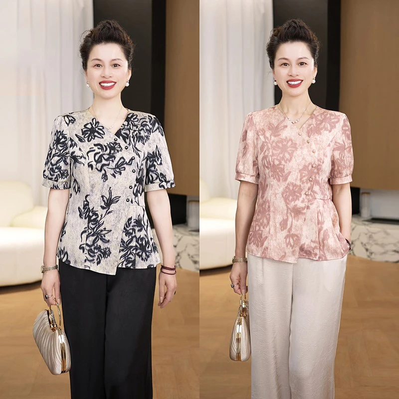 妈妈夏装短袖小衫洋气套装2025新款中老年时尚女装T恤上衣两件套
