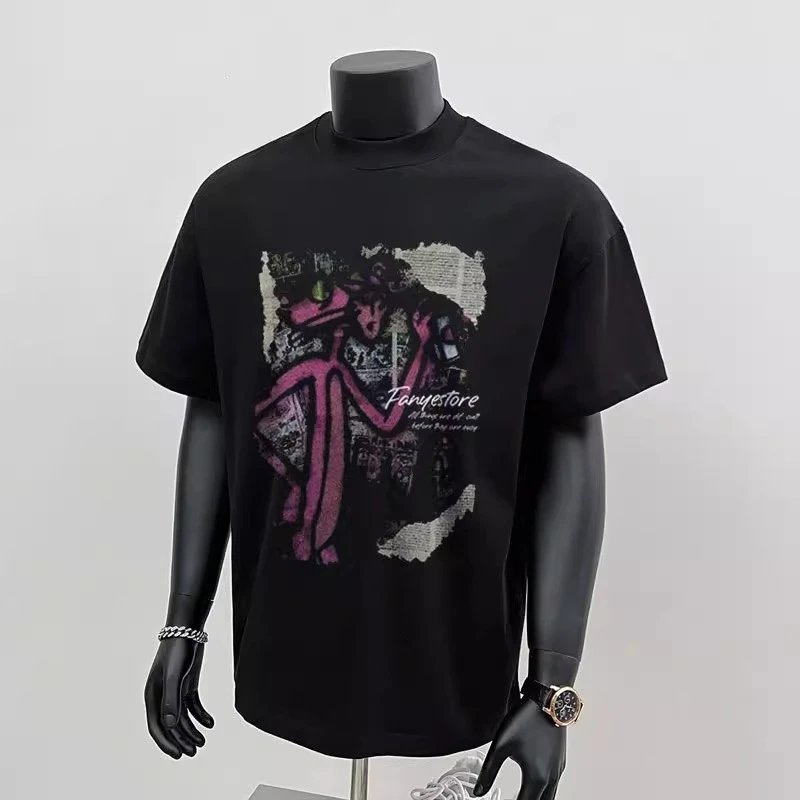 300g美式复古趣味卡通印花短袖T恤男宽松设计感小众做旧情侣半袖