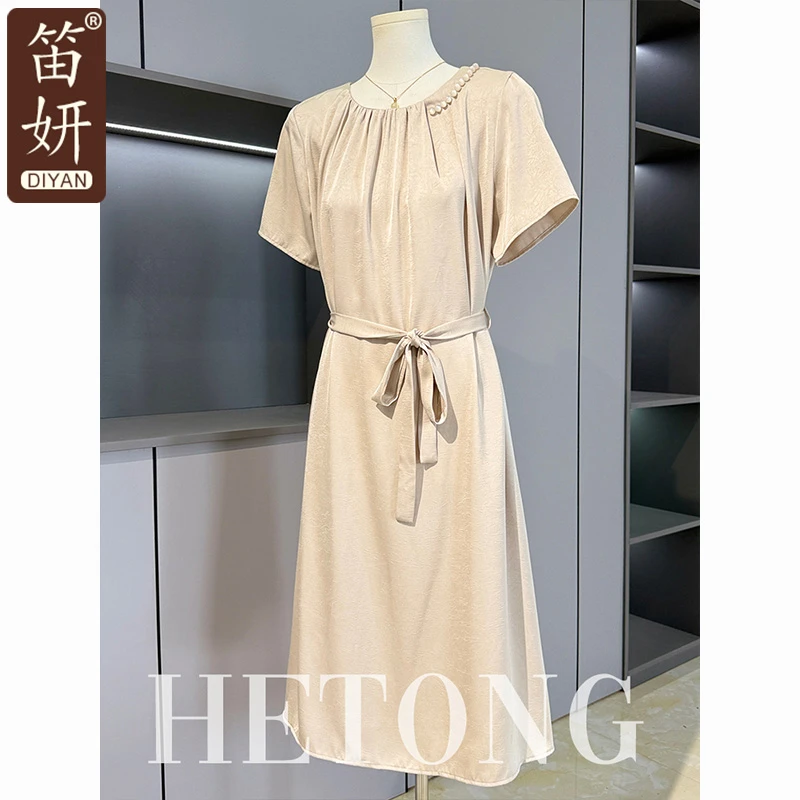妈妈端庄大气夏装短袖连衣裙2025新款中老年女装夏季收腰雪纺长裙