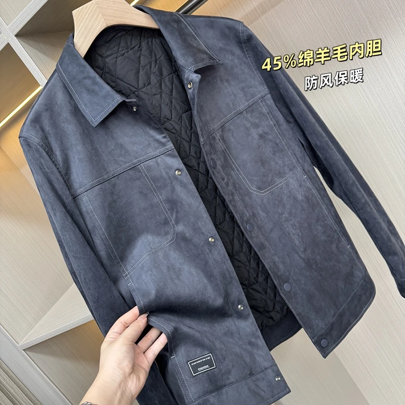 45%绵羊毛内胆品牌撤柜男装翻领男士外套秋冬厚款加棉麂皮绒夹克