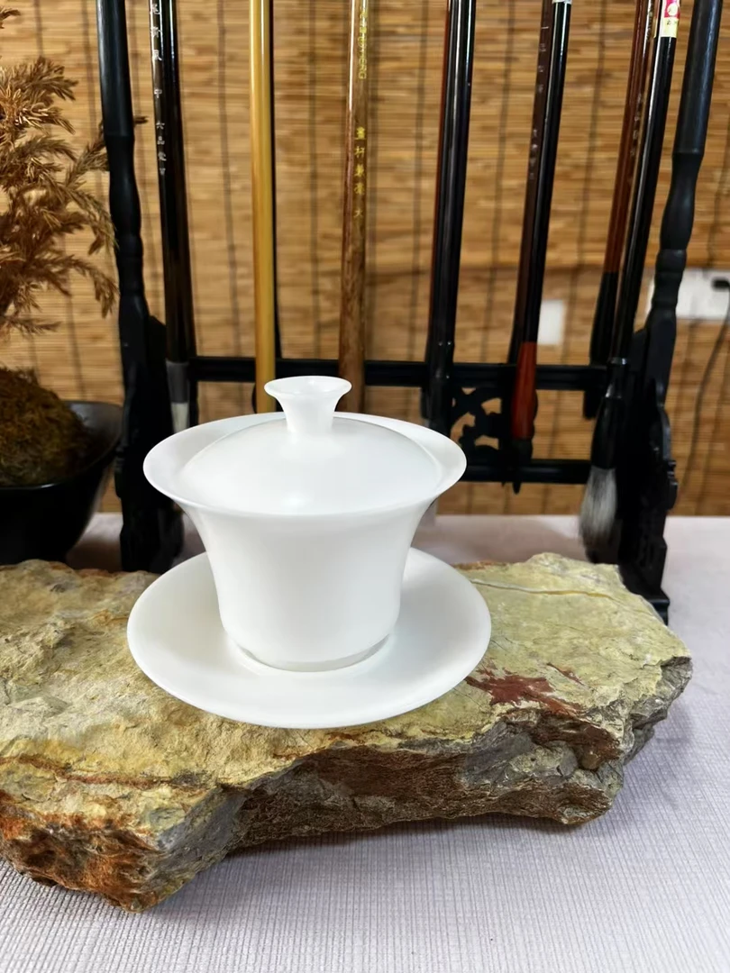 薄胎陶瓷三才盖碗马蹄设计功夫泡茶碗高端白瓷茶具