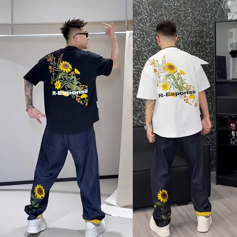 夏季男士潮牌时尚向日葵绣花变色休闲套装情侣款短袖弯刀裤两件套