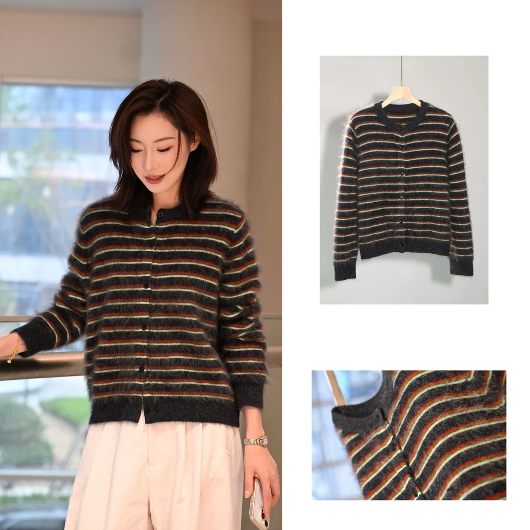 【繁花】白厂丝＋山羊绒宽松秋冬款圆领常规羊绒衫厚款女165-YL085