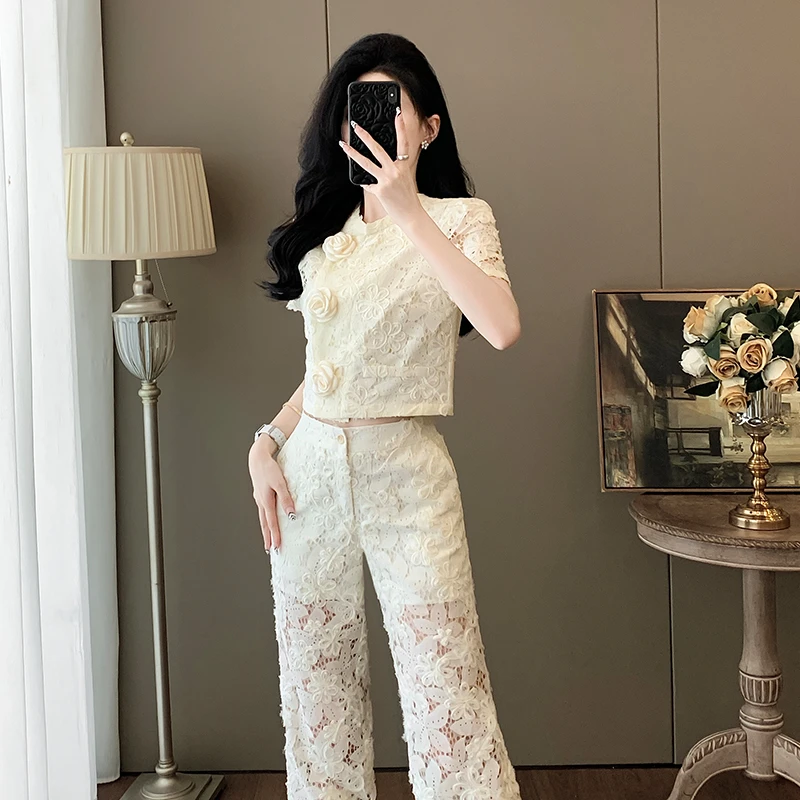 森系轻熟风时尚套装女复古小香风中国风法式提花上衣阔腿裤两件套