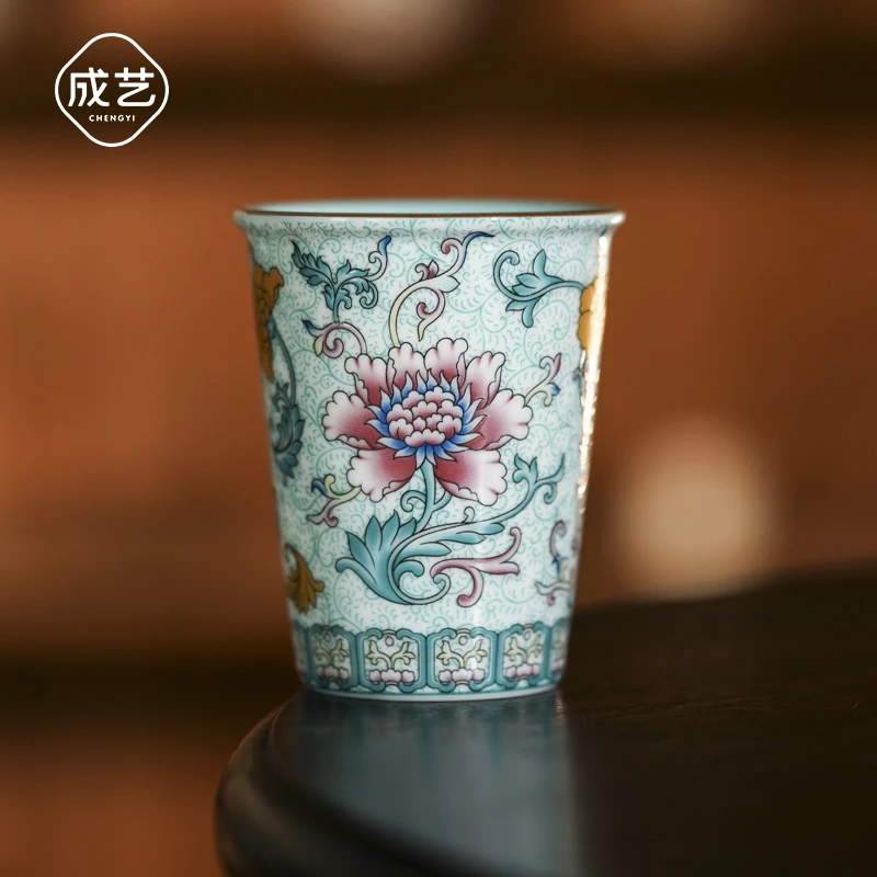 珐琅莲韵功夫茶具小可乐杯高温陶瓷珐琅彩宫廷风复古大茶杯主人杯