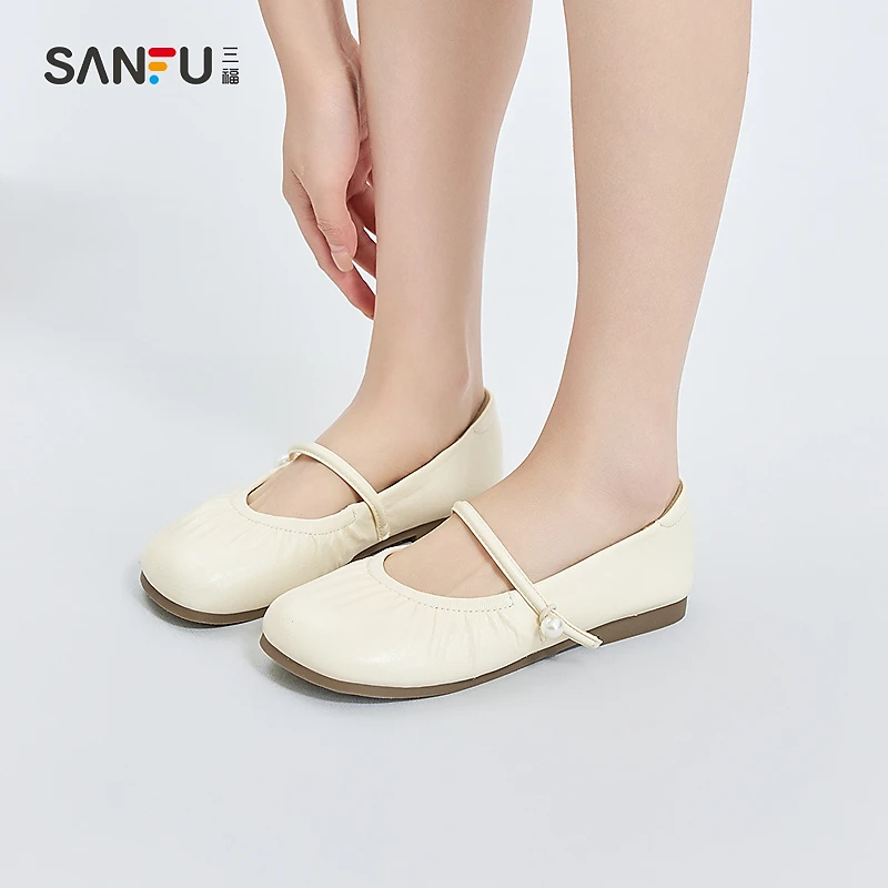 三福女单鞋春季温婉甜美韩系娃娃头淑女鞋薄底褶皱女鞋840302