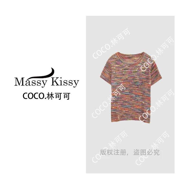 【COCO林可可】圆领钩花镂空多彩条纹亮片短袖针织衫msl369