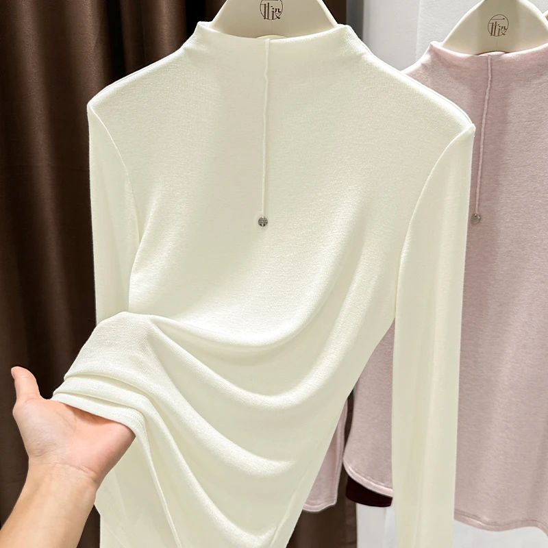 米白色立领长袖t恤女秋冬新款时尚洋气内搭修身高级感打底衫上衣