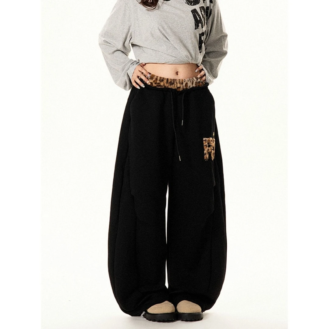 美式复古豹纹植绒刺绣休闲卫裤弯刀宽松男女休闲长裤阔腿裤秋冬