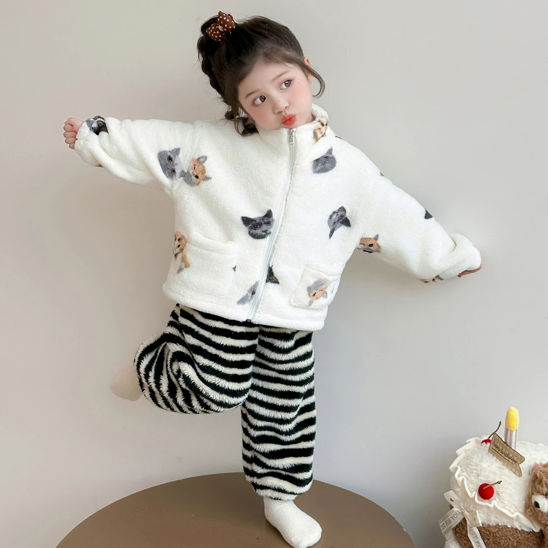 儿童睡衣法兰绒秋冬季2025保暖套装女孩休闲珊瑚绒分体开衫家居服