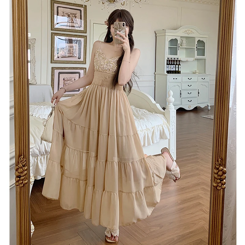 大码女装千金海边度假中长款连衣裙露背a字吊带长裙10886