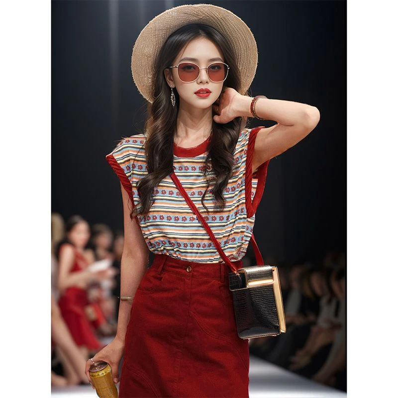 夏季韩版时尚套装女2024新款印花减龄无袖上衣高腰甜辣短裙两件套