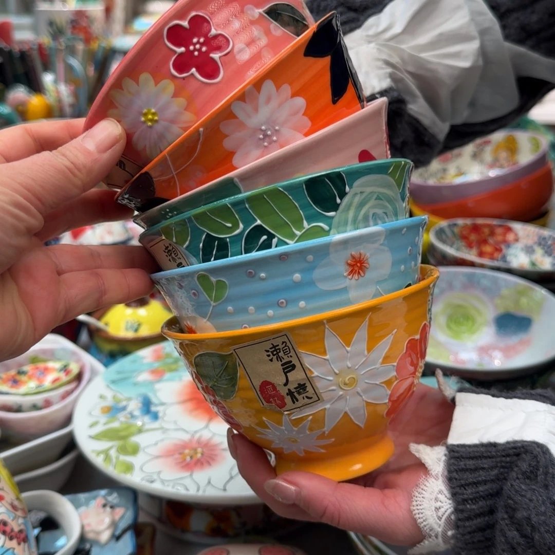 瓷片濑户烧抹茶全彩饭碗6只，各一色