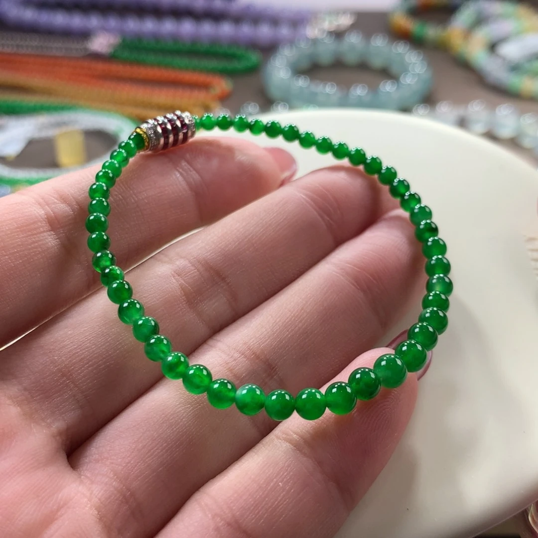 翡翠手链未镶嵌翡翠高冰浓色冰阳绿卡3-4+