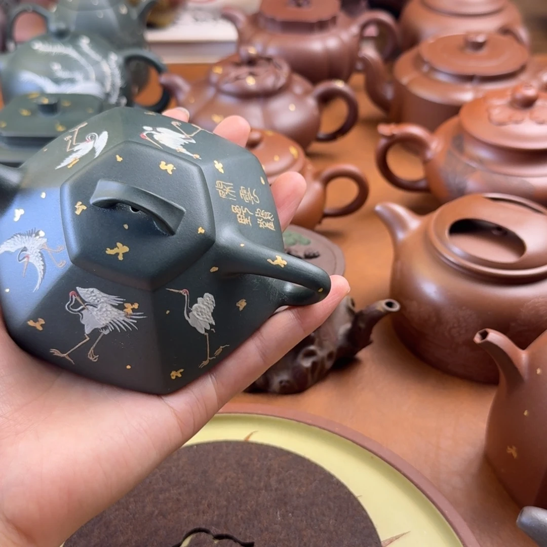 紫砂茶壶绿泥六方合飘