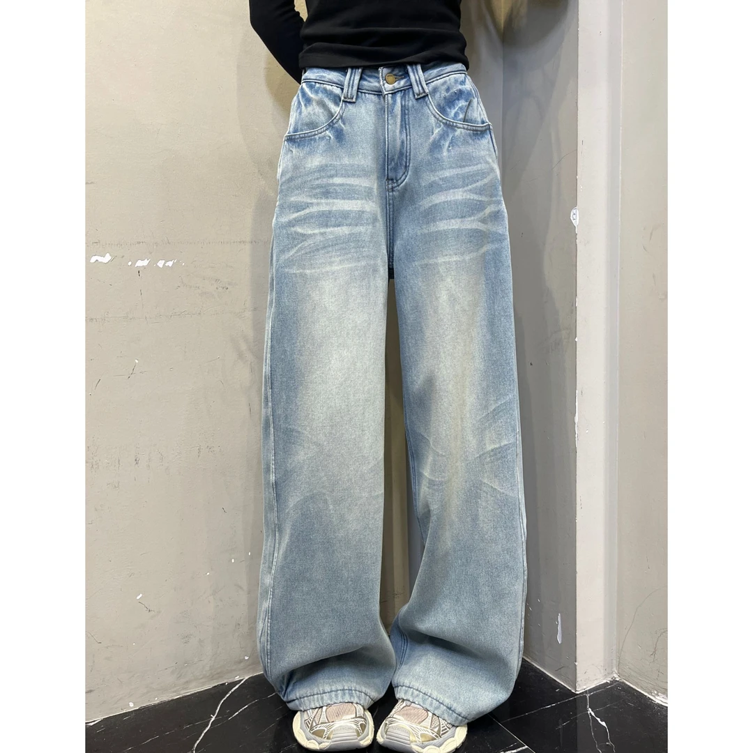 范范与凡凡【猫须抓纹】浅色厚绒水洗阔腿牛仔裤显瘦宽松垂感拖地裤