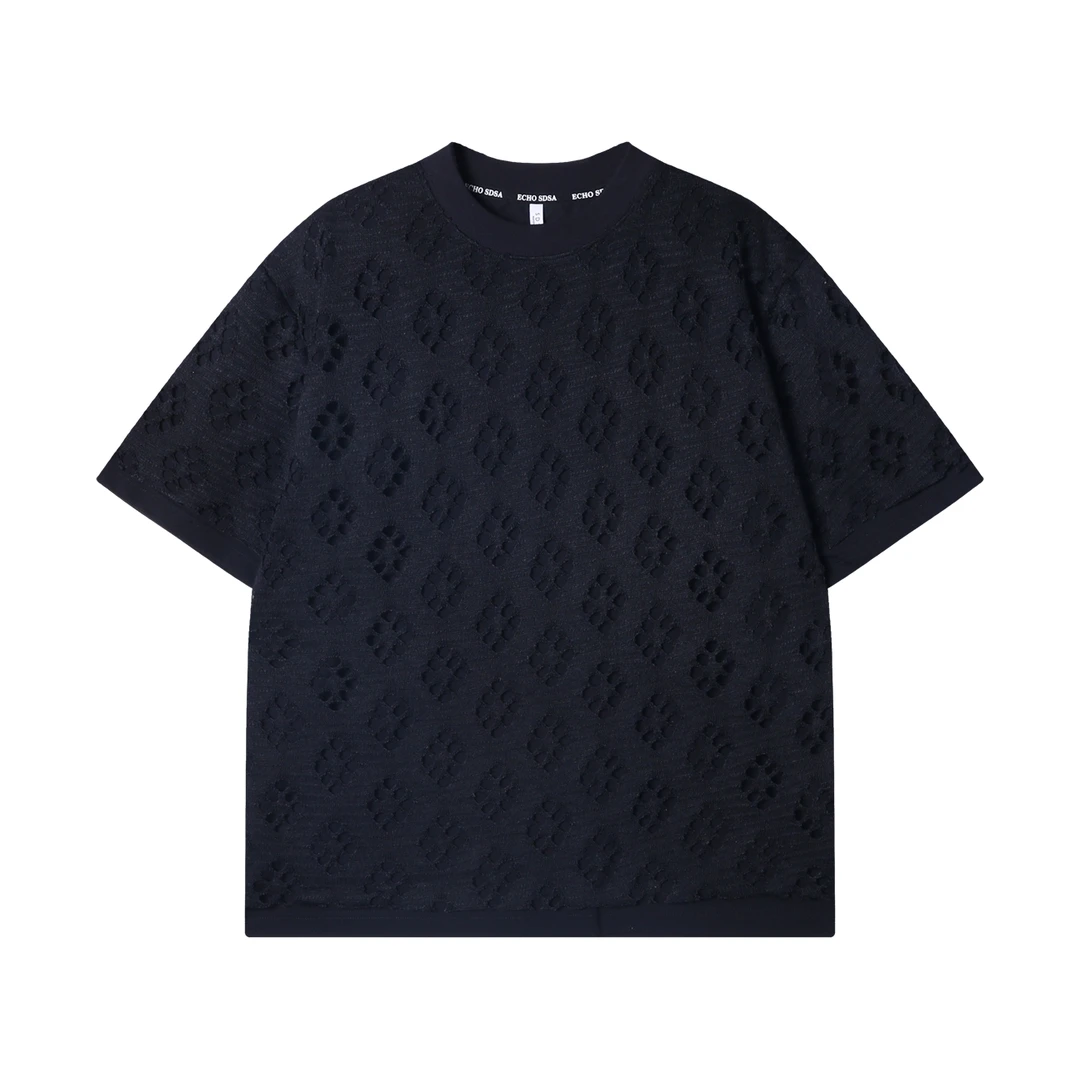 夏季高级感新款美式纯色破洞假两件圆领短袖T恤嘻哈高街百搭上衣