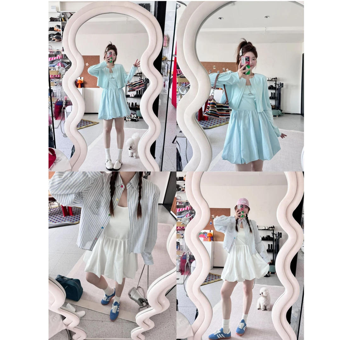 晶咕【轻氧入春】工字背心拼气球短裙+纯色圆领长袖小衫外套