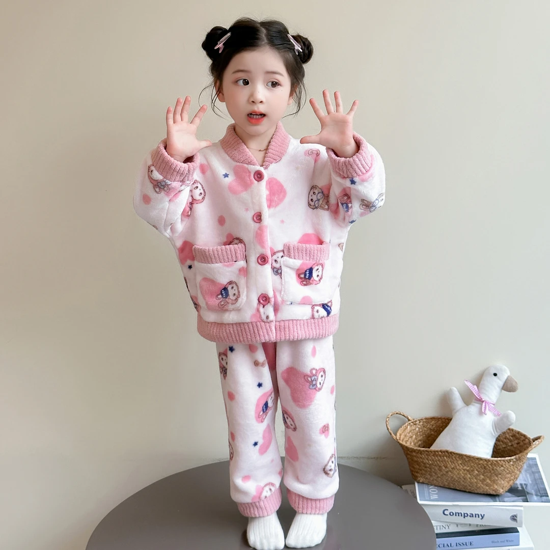 儿童秋冬款珊瑚绒睡衣女孩加厚小宝宝开衫法兰绒女孩小童家居服