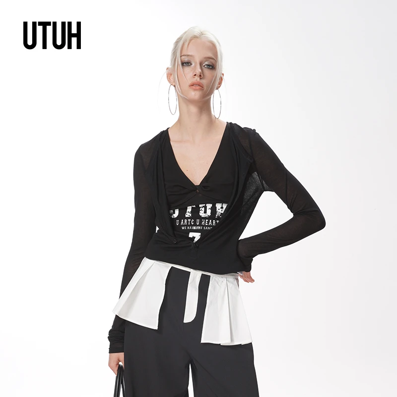 UTUH黑色假两件针织印花解构立裁修生显瘦百搭休闲上衣TDWWS1N066
