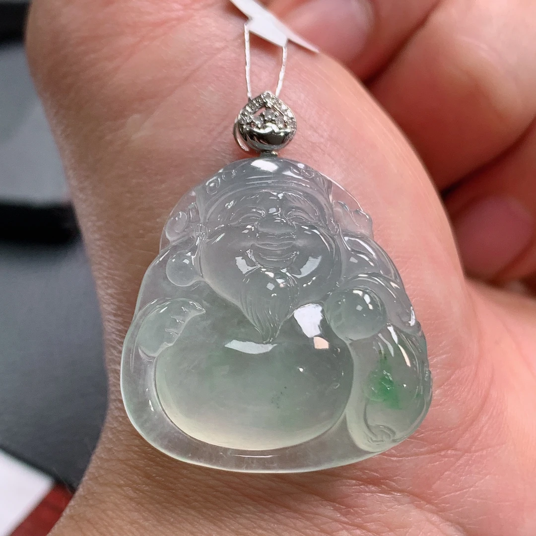 缅甸天然A货翡翠冰种甜绿财神爷吊坠29.6×28.9×8.8mm