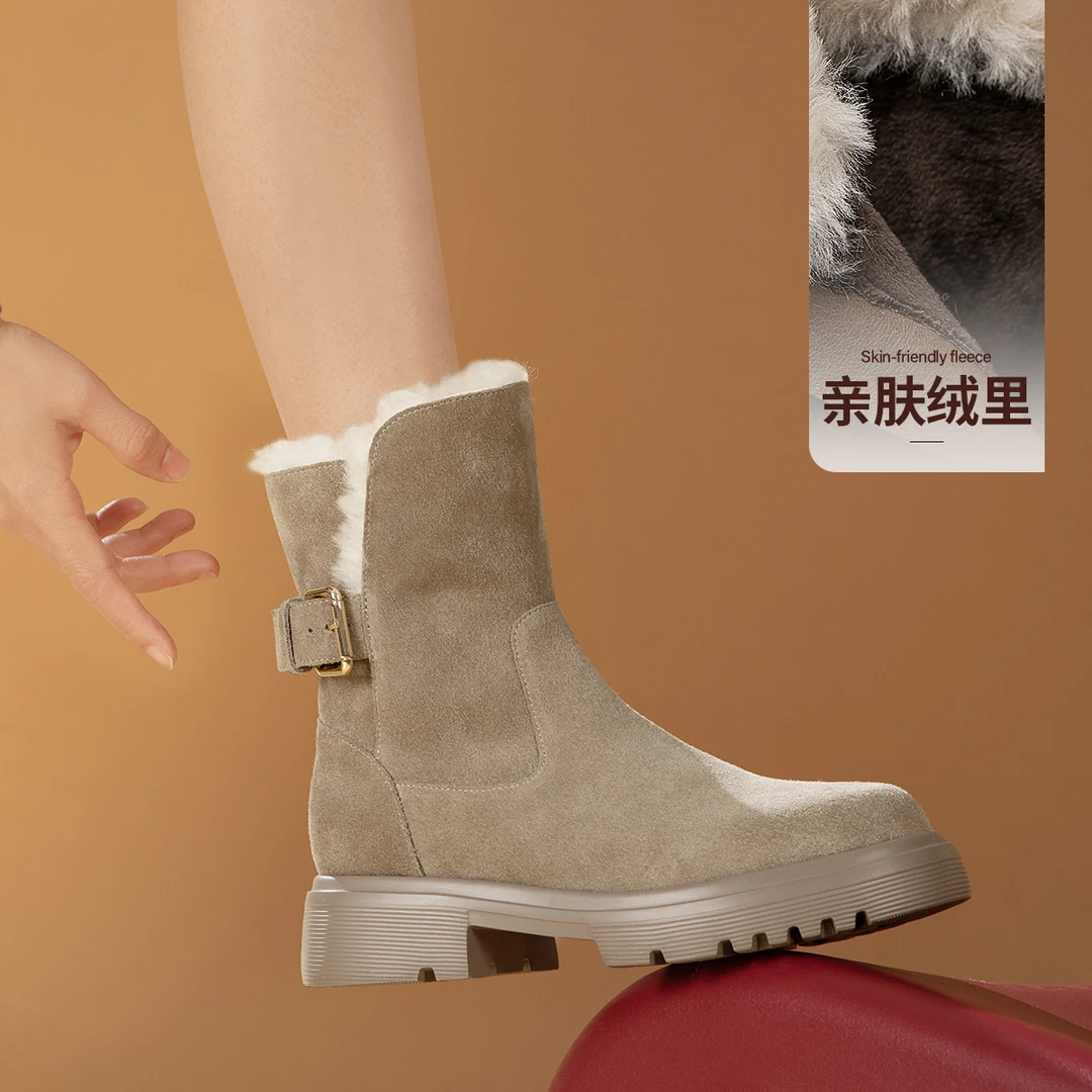 沙驰【牛剖层/羊毛皮】简约保暖雪地靴百搭中筒休闲靴棉靴女靴