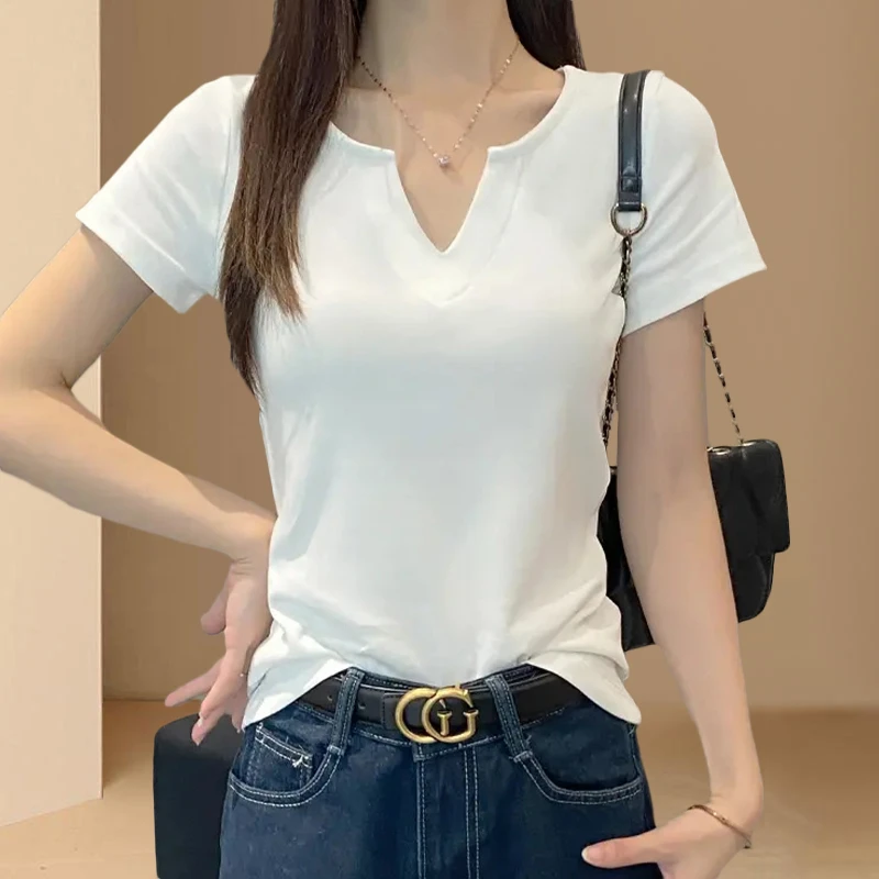 高含棉爆款时尚正肩V领短袖t恤女2025年夏季新款修身显瘦百搭上衣